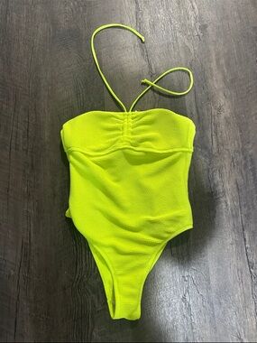 SHEIN Neon Yellow Textured Halter One-Piece Swimsuit